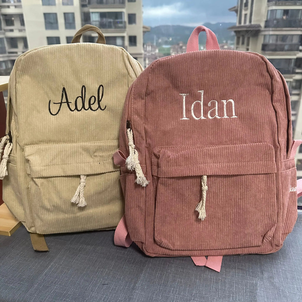 Personalized embroidered kids backpack made of corduroy by The Tottos