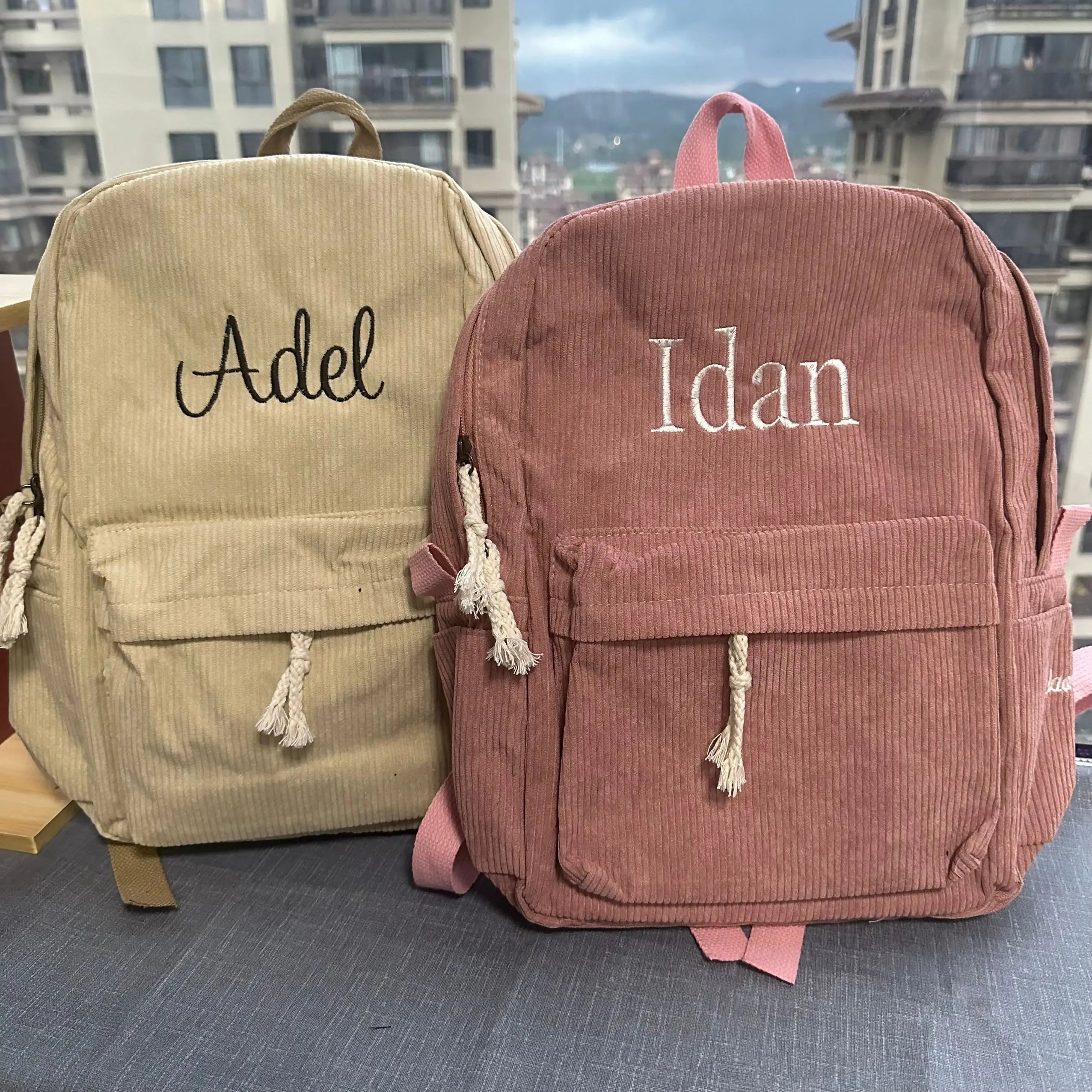 Personalized embroidered kids backpack made of corduroy by The Tottos