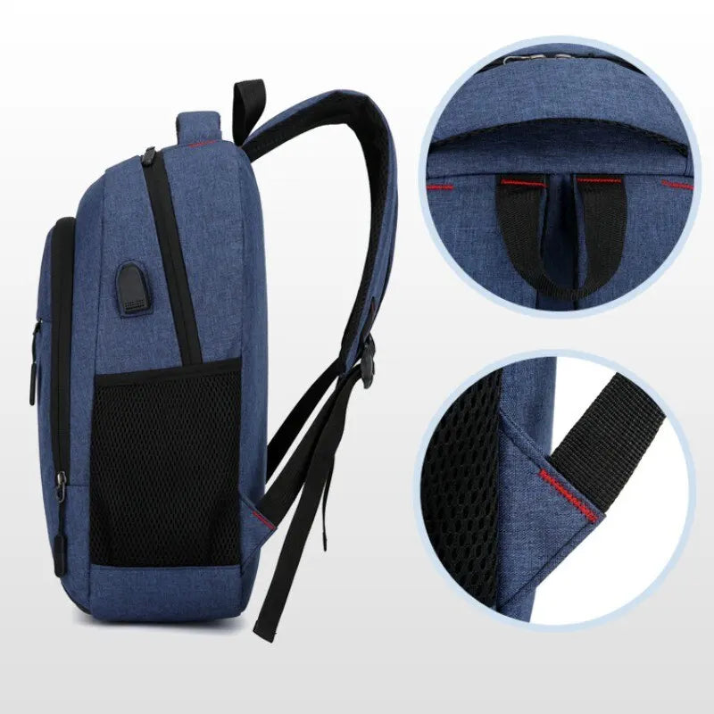 Blue backpack with detailed views of the straps and back padding on a white background