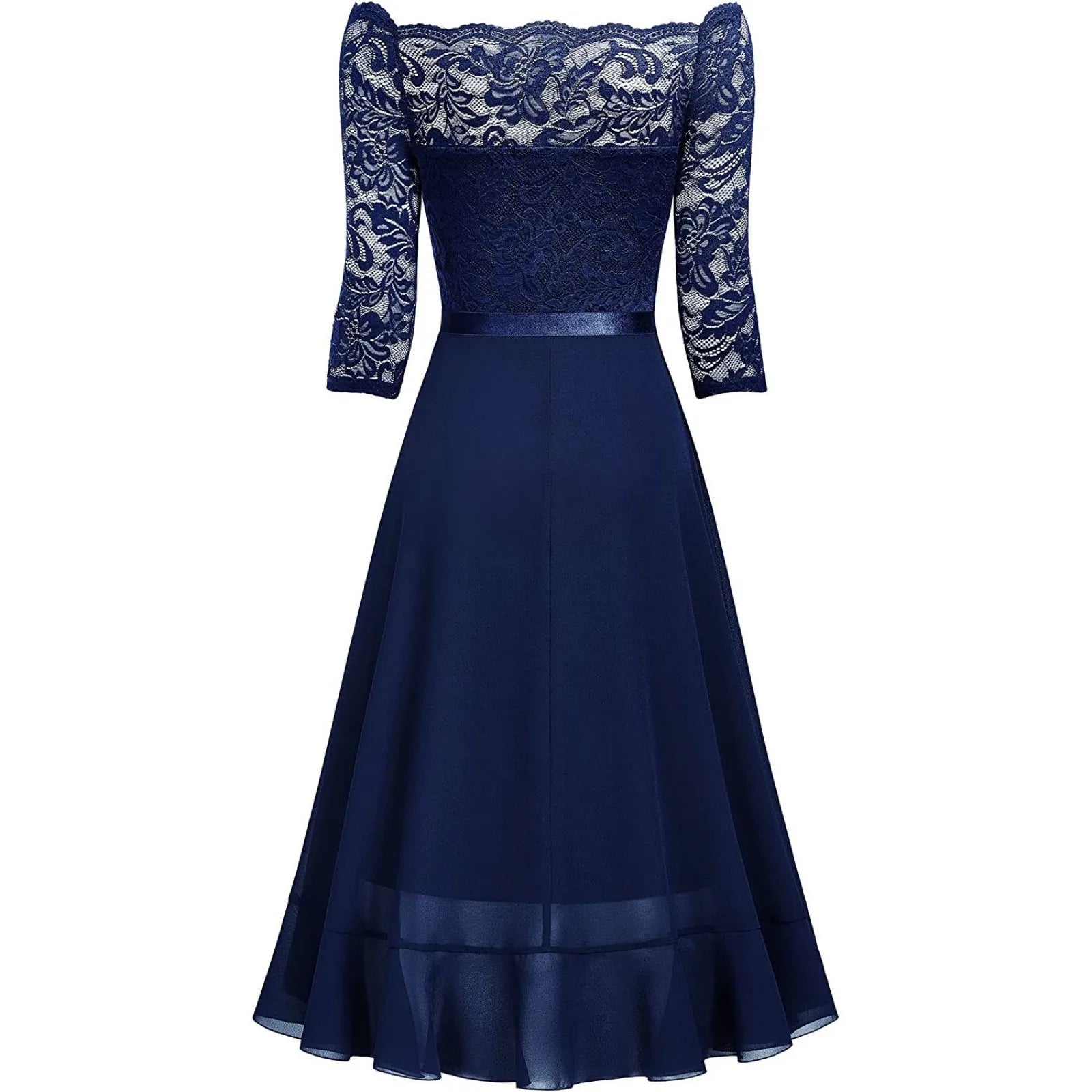 Navy blue lace dress with a white background