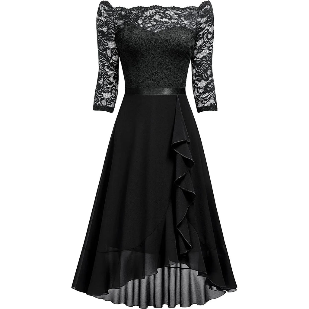 Black dress with lace sleeves on a white background