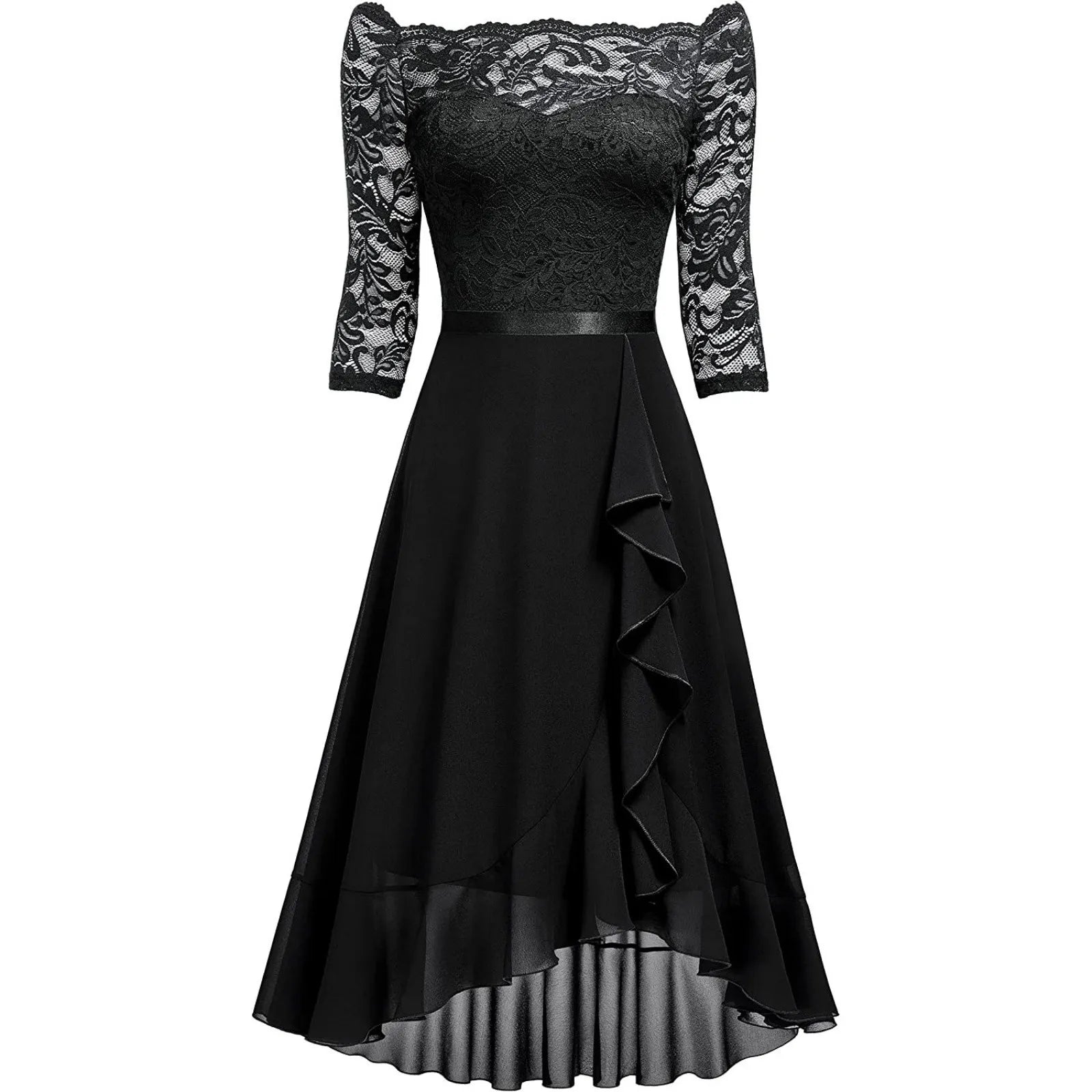 Black dress with lace sleeves on a white background