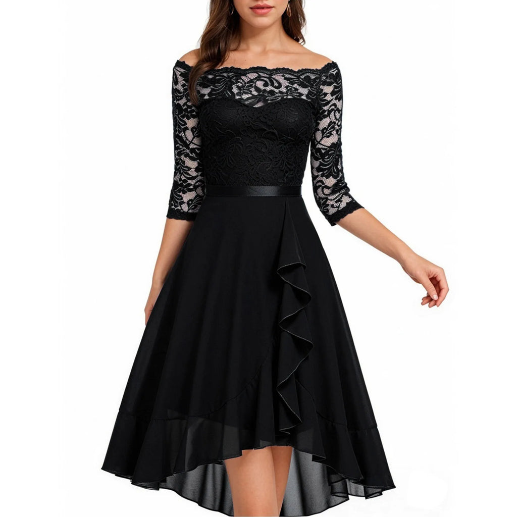 Black lace dress with a white background