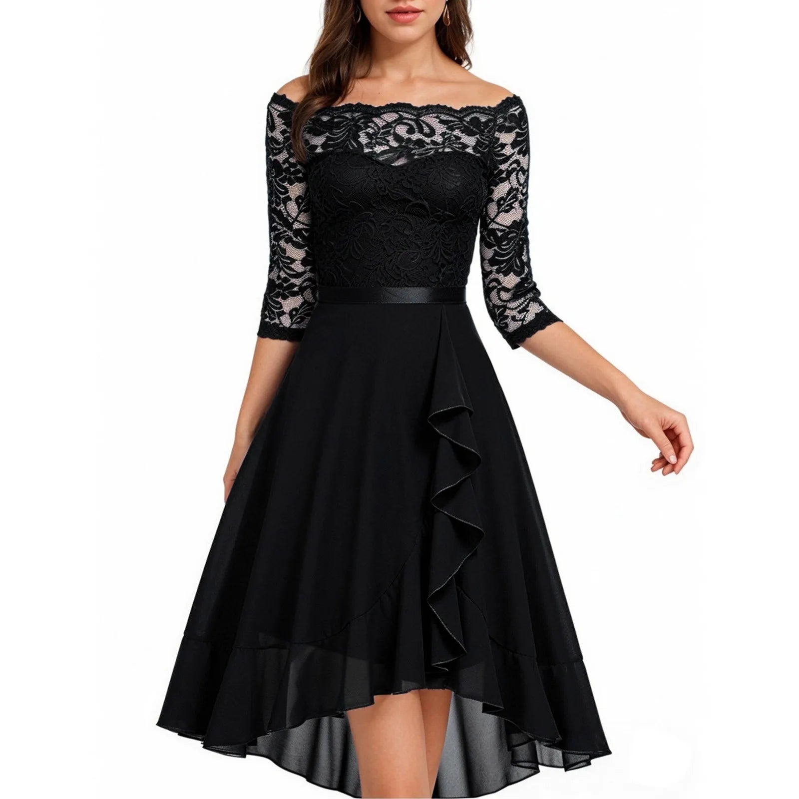 Black lace dress with a white background