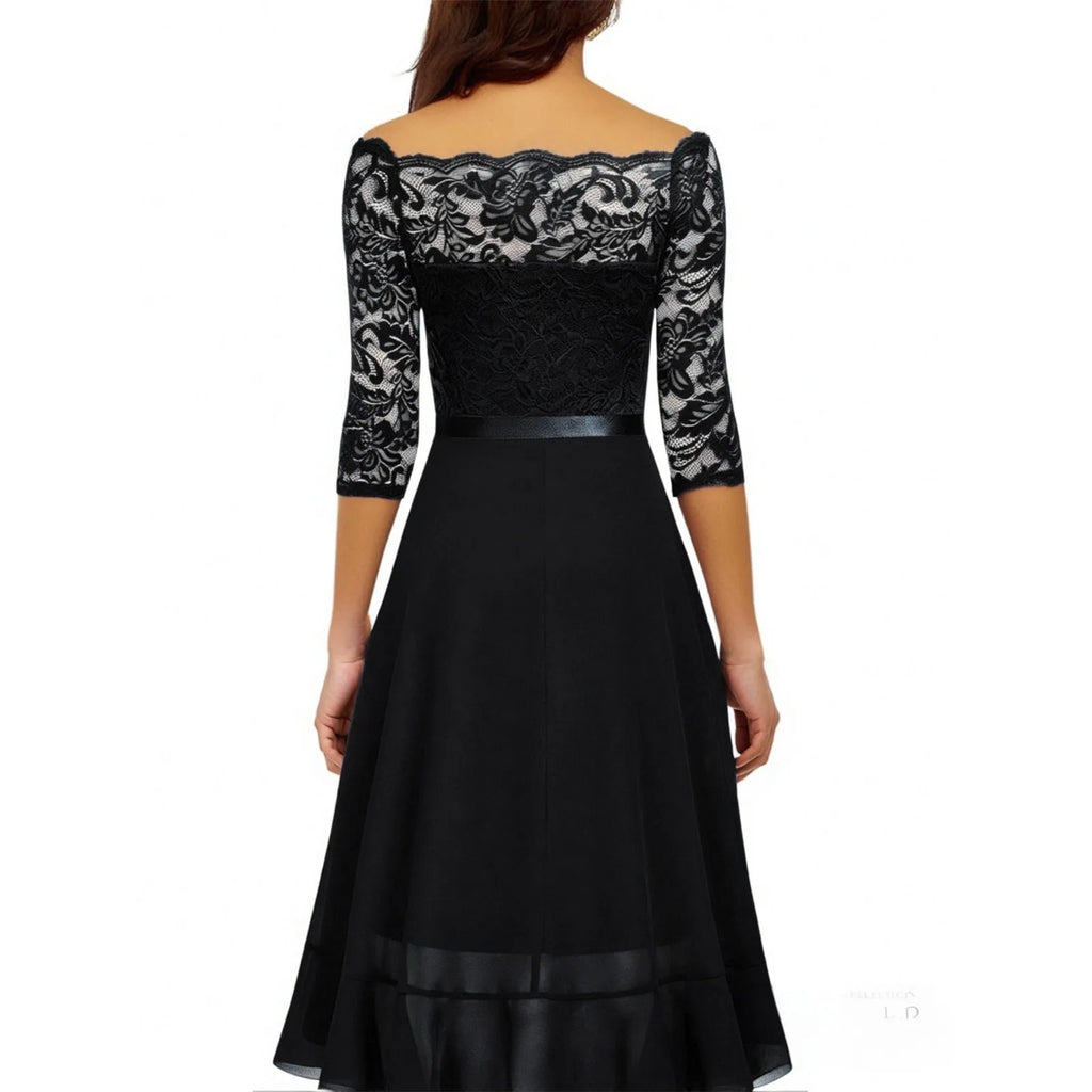 Black lace dress with long sleeves on a white background