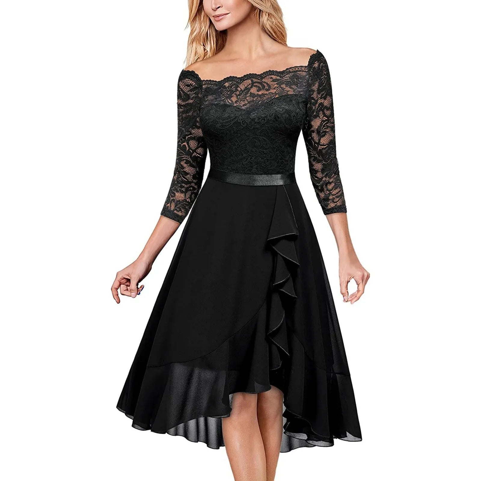 Black lace dress with long sleeves on a white background - The Tottos