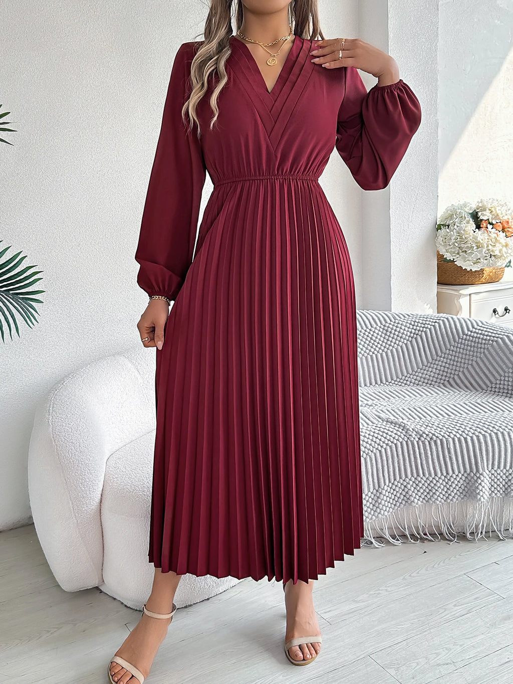 Elegant Pleated Maxi Dress Women | V-Neck Winter Dress | The Tottos