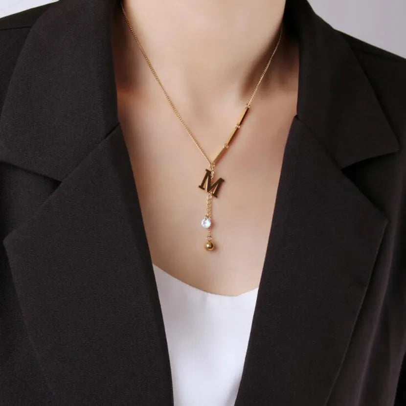 Letter M Zircon Tassel Necklace - Gold Stainless Steel Pendant