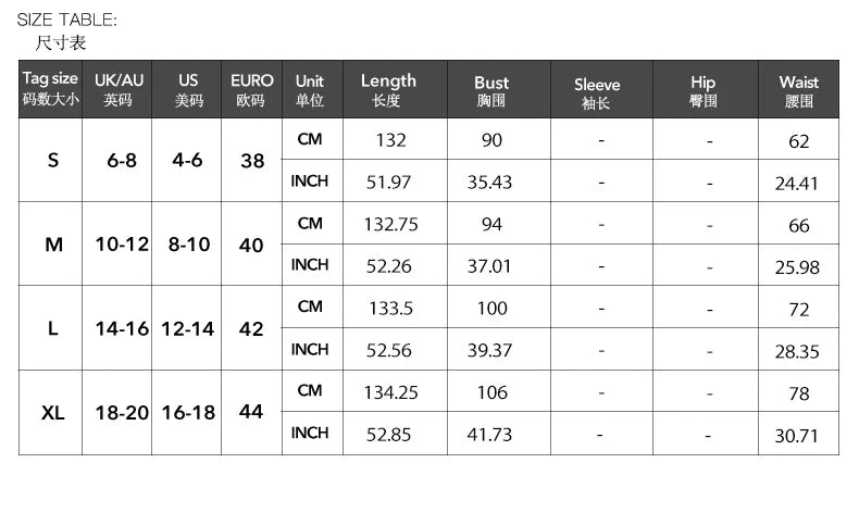 Measurement chart for clothing sizes with various units and dimensions.