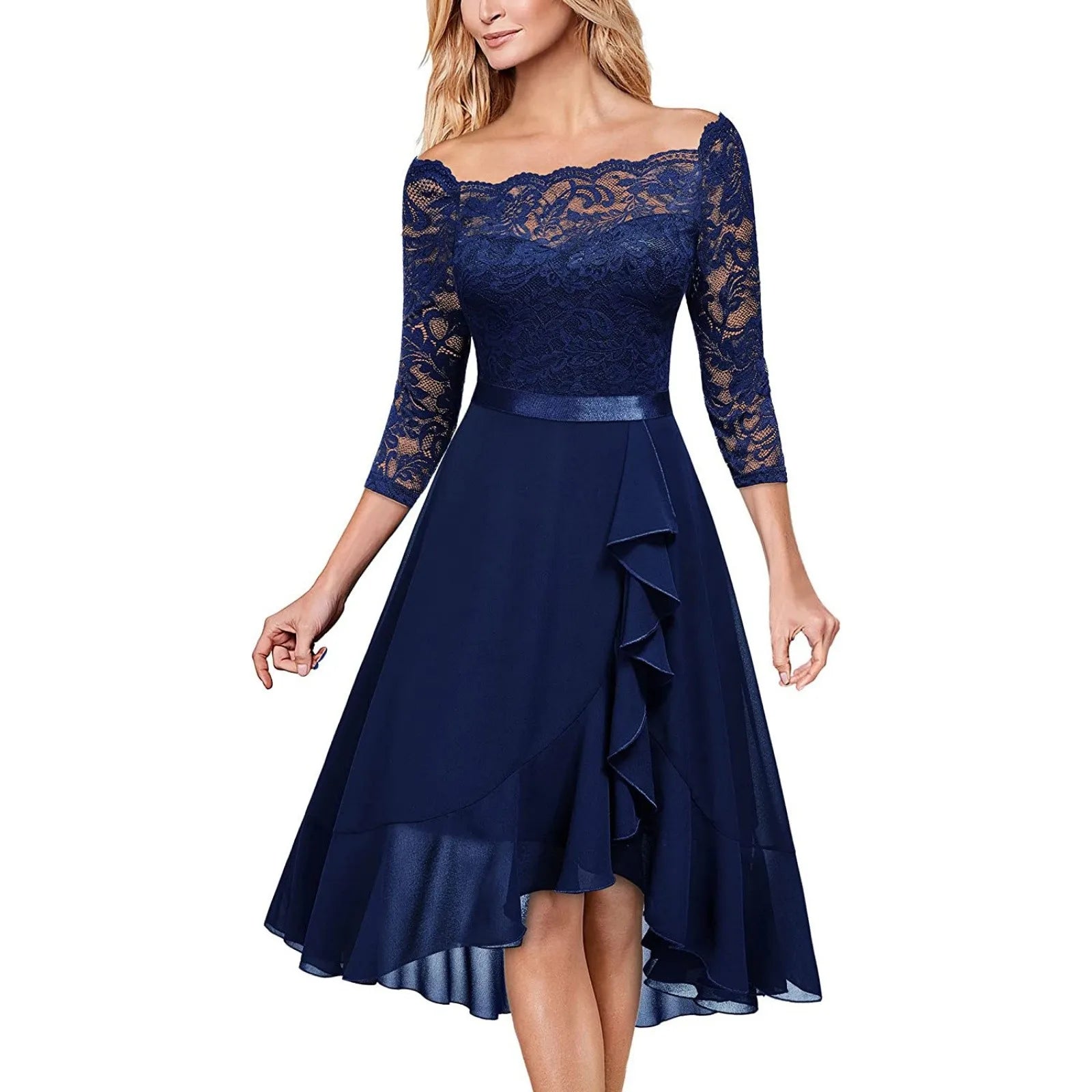 Navy blue lace dress with a ruffled skirt on a white background