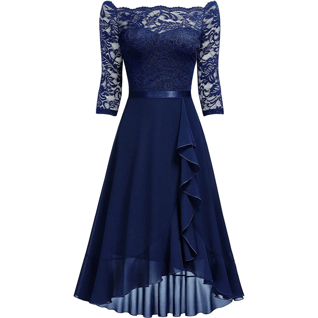 Navy blue lace dress with a ruffled skirt on a white background