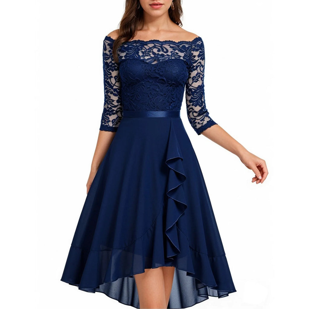 Navy blue lace dress with a white background