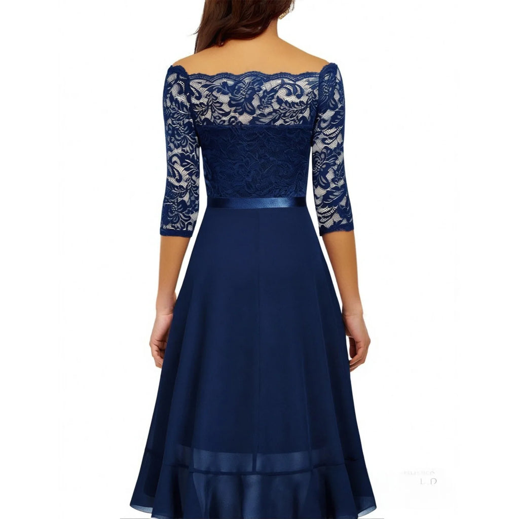 Navy blue lace dress with long sleeves on a white background
