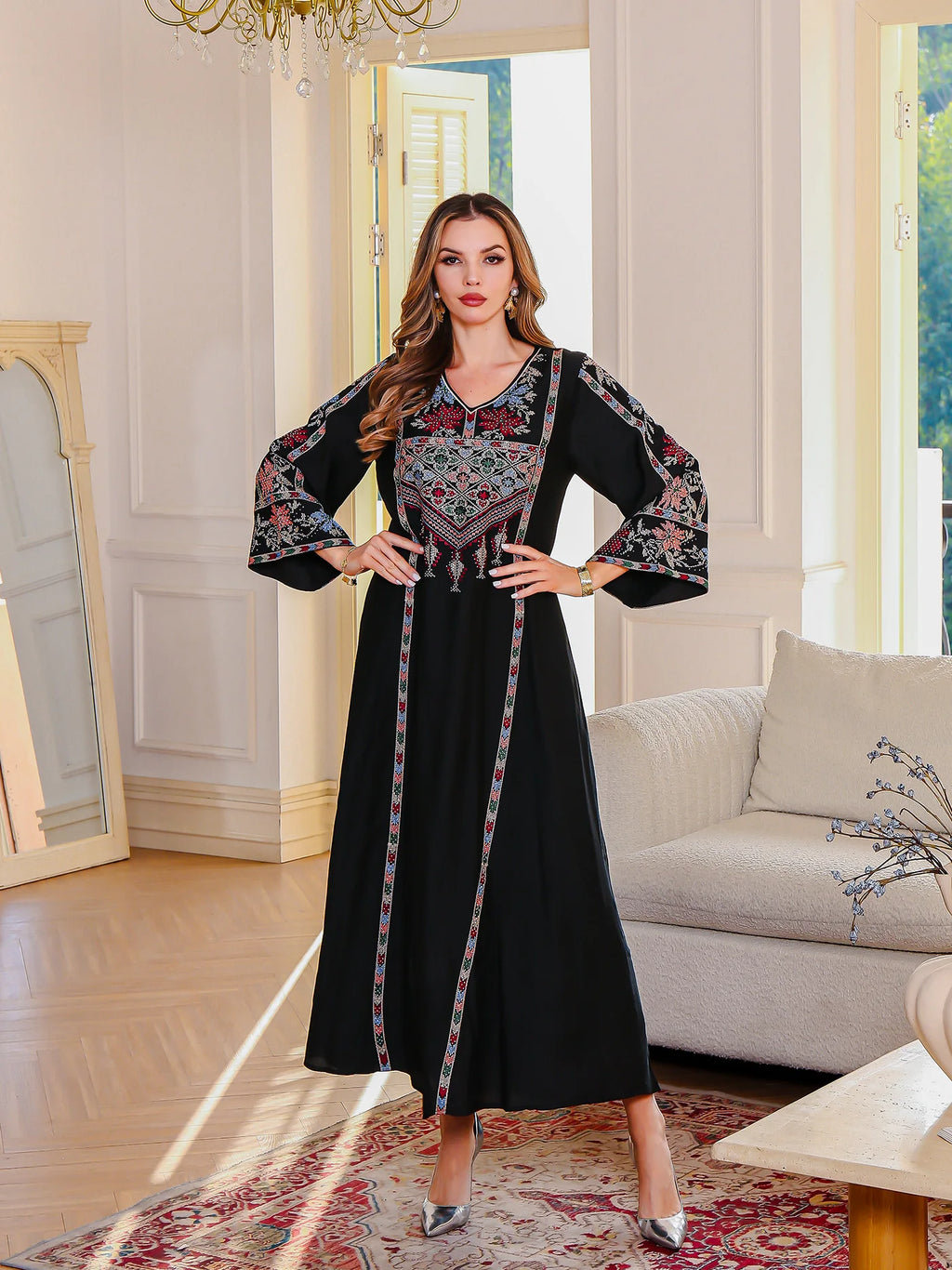 Women's Elegant Embroidered Abaya - Long Sleeve Dubai Muslim Dress with Diamond Details | The Tottos