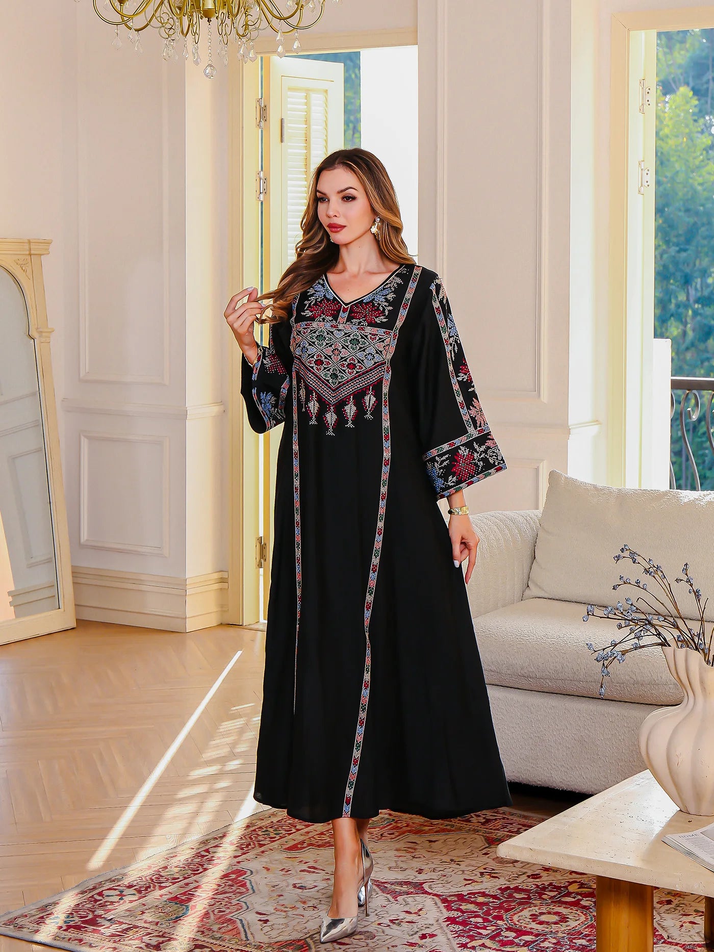 Women's Elegant Embroidered Abaya - Long Sleeve Dubai Muslim Dress with Diamond Details | The Tottos