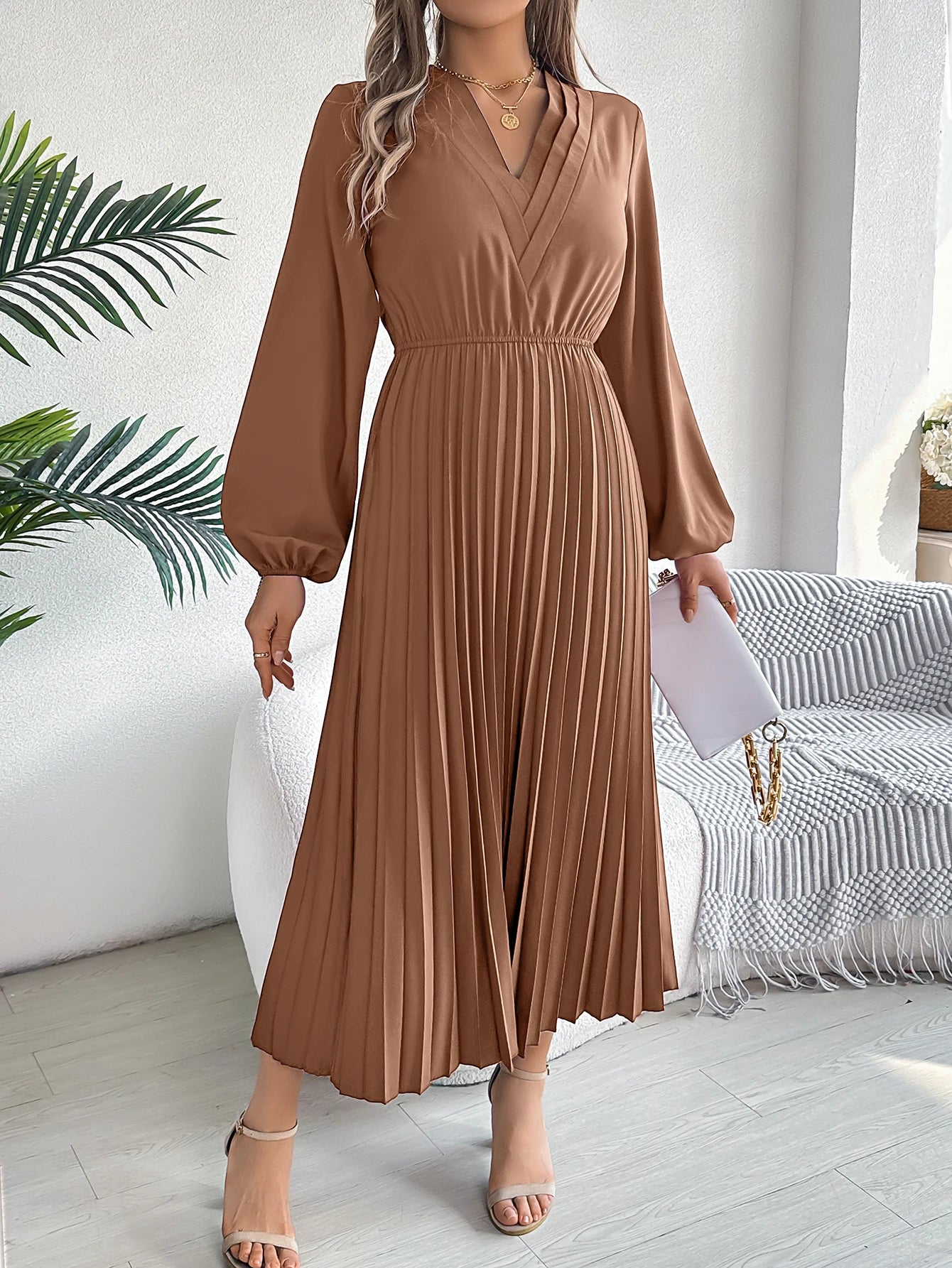 Women's Elegant V-Neck Pleated Maxi Dress - High Waist Autumn Winter Dress | The Tottos