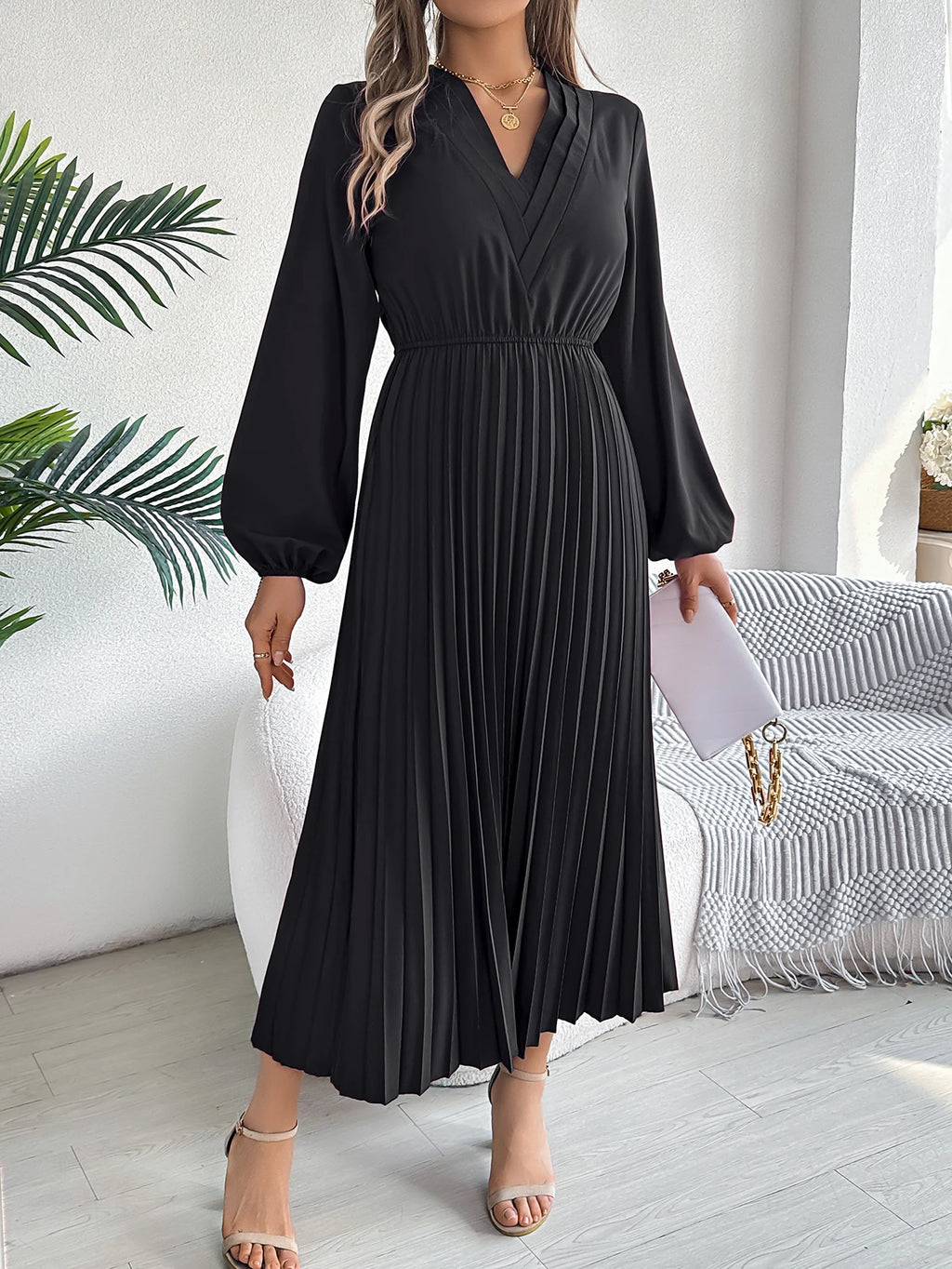 Women's Elegant V-Neck Pleated Maxi Dress - High Waist Autumn Winter Dress | The Tottos