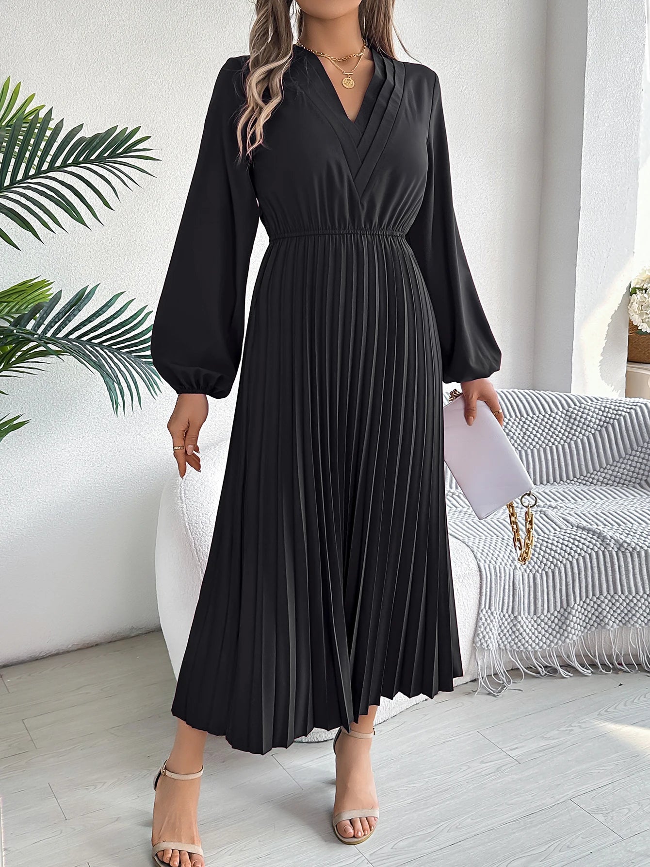 Women's Elegant V-Neck Pleated Maxi Dress - High Waist Autumn Winter Dress | The Tottos