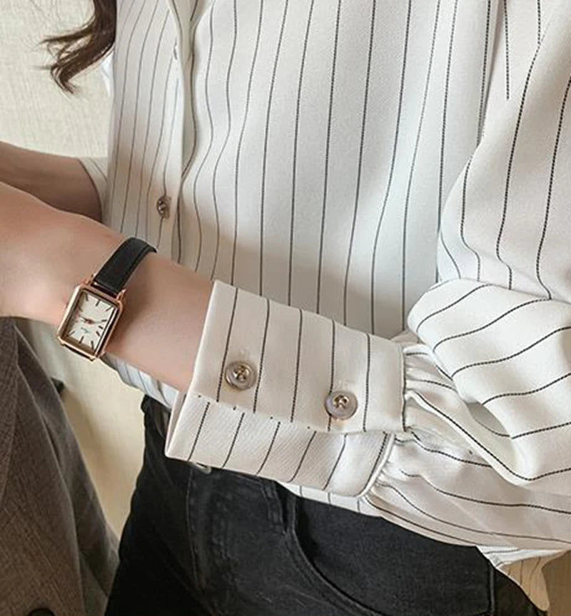 Women's Classic Striped Button-Down Shirt - Long Sleeve Office Blouse