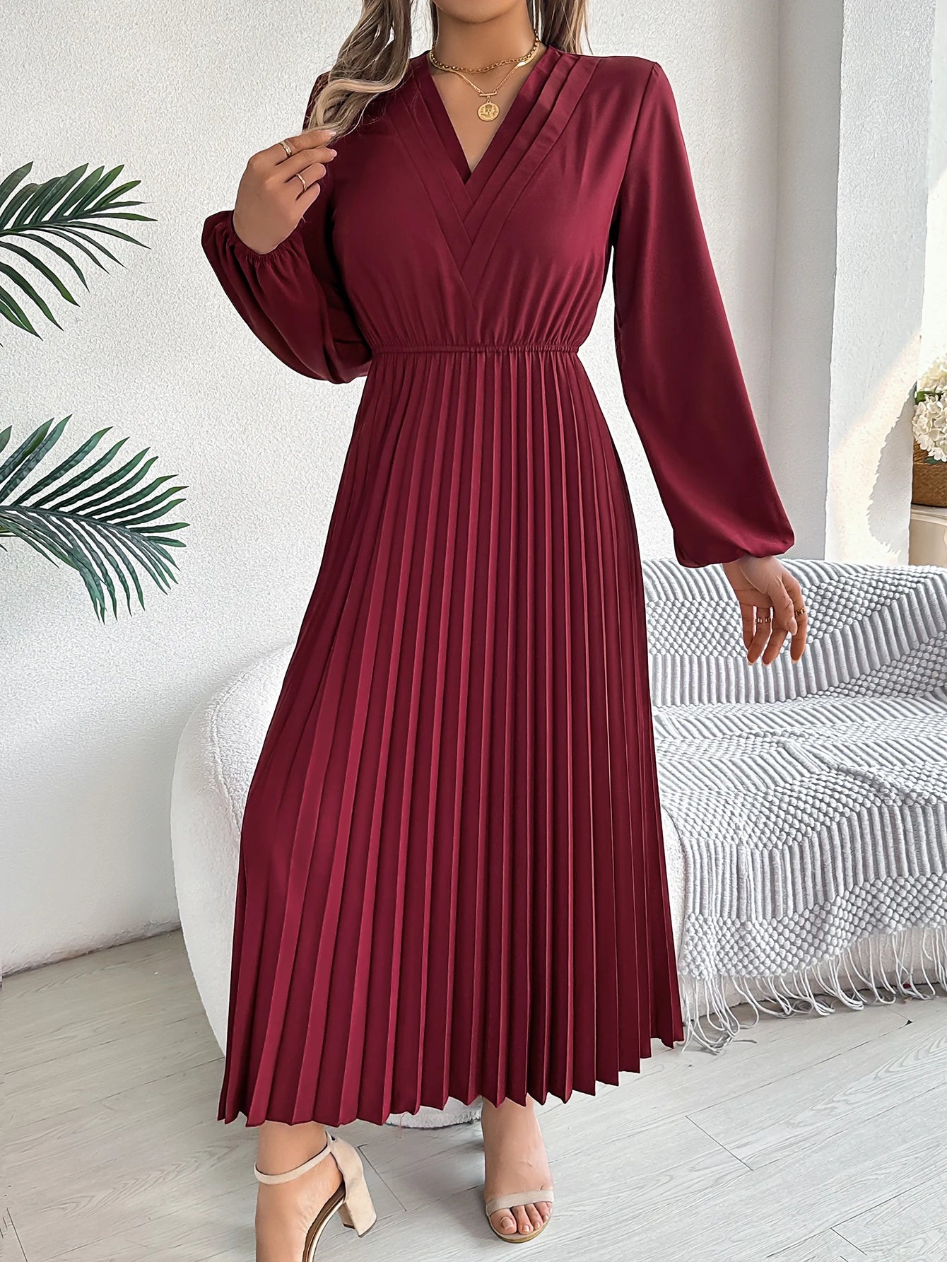 Women's Elegant V-Neck Pleated Maxi Dress - High Waist Autumn Winter Dress | The Tottos