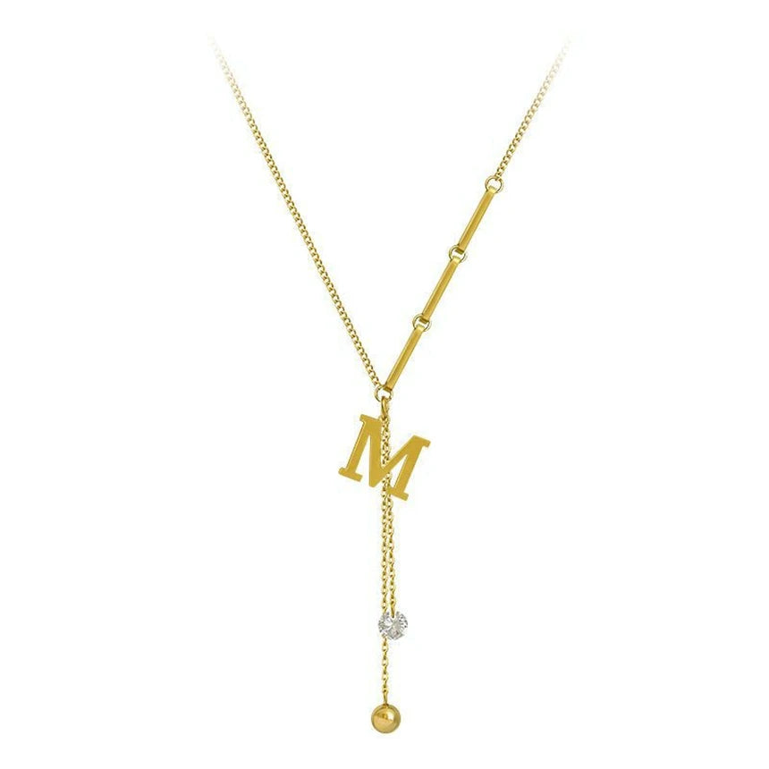 Letter M Zircon Tassel Necklace - Gold Stainless Steel Pendant