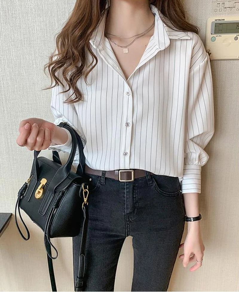 Women's Classic Striped Button-Down Shirt - Long Sleeve Office Blouse