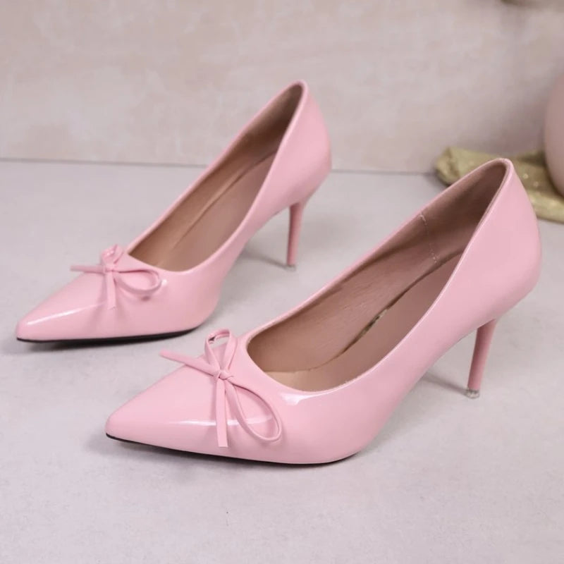 Women's Bow Tie Pointed Toe Heels - The Tottos Patent Leather Stiletto Pumps