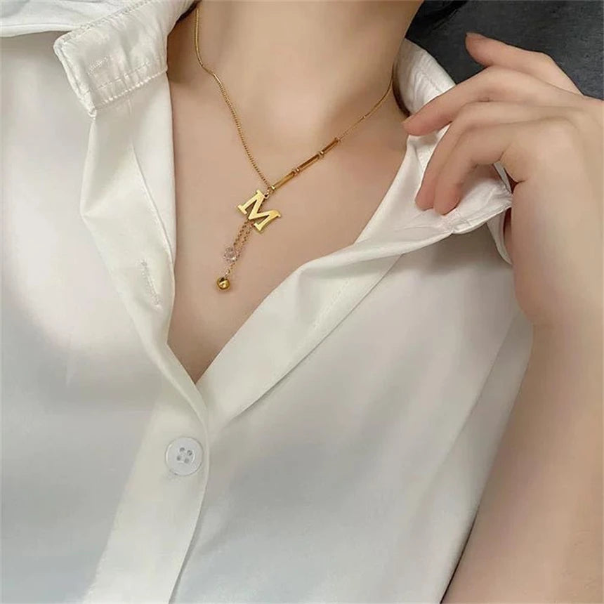 Letter M Zircon Tassel Necklace - Gold Stainless Steel Pendant