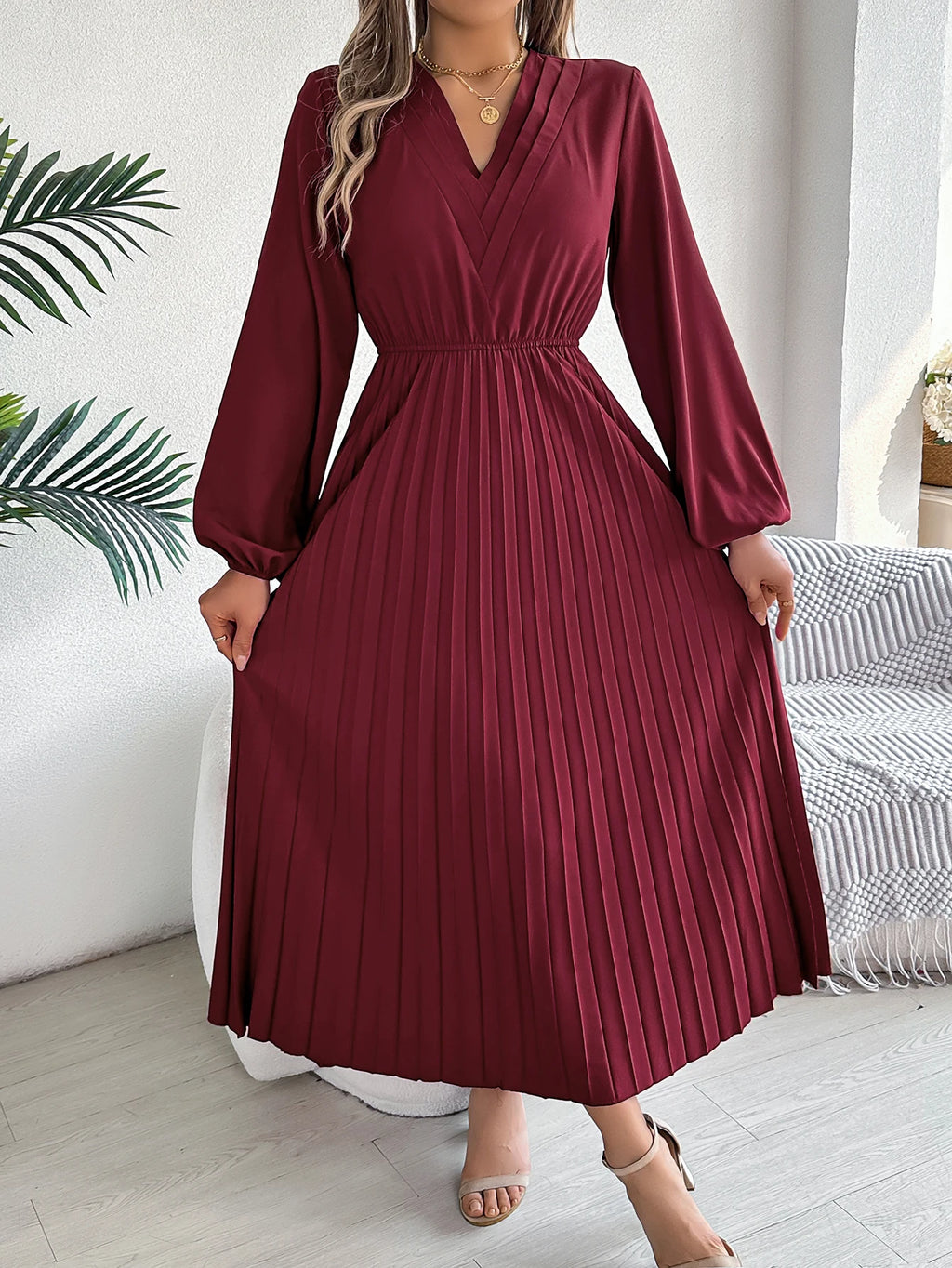Women's Elegant V-Neck Pleated Maxi Dress - High Waist Autumn Winter Dress | The Tottos