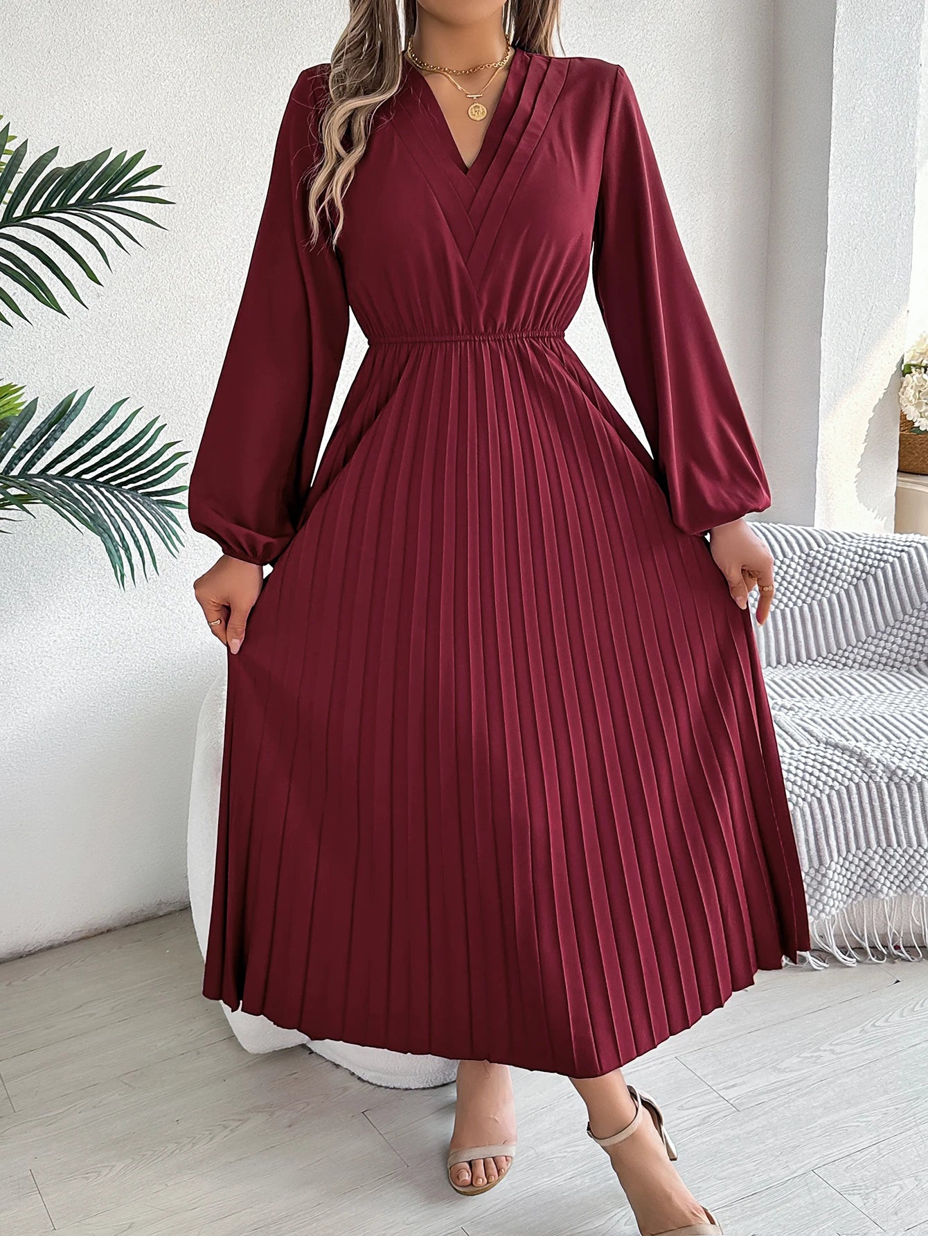 Women's Elegant V-Neck Pleated Maxi Dress - High Waist Autumn Winter Dress | The Tottos