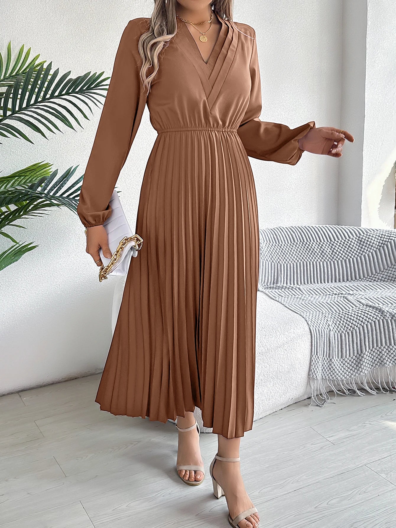 Women's Elegant V-Neck Pleated Maxi Dress - High Waist Autumn Winter Dress | The Tottos
