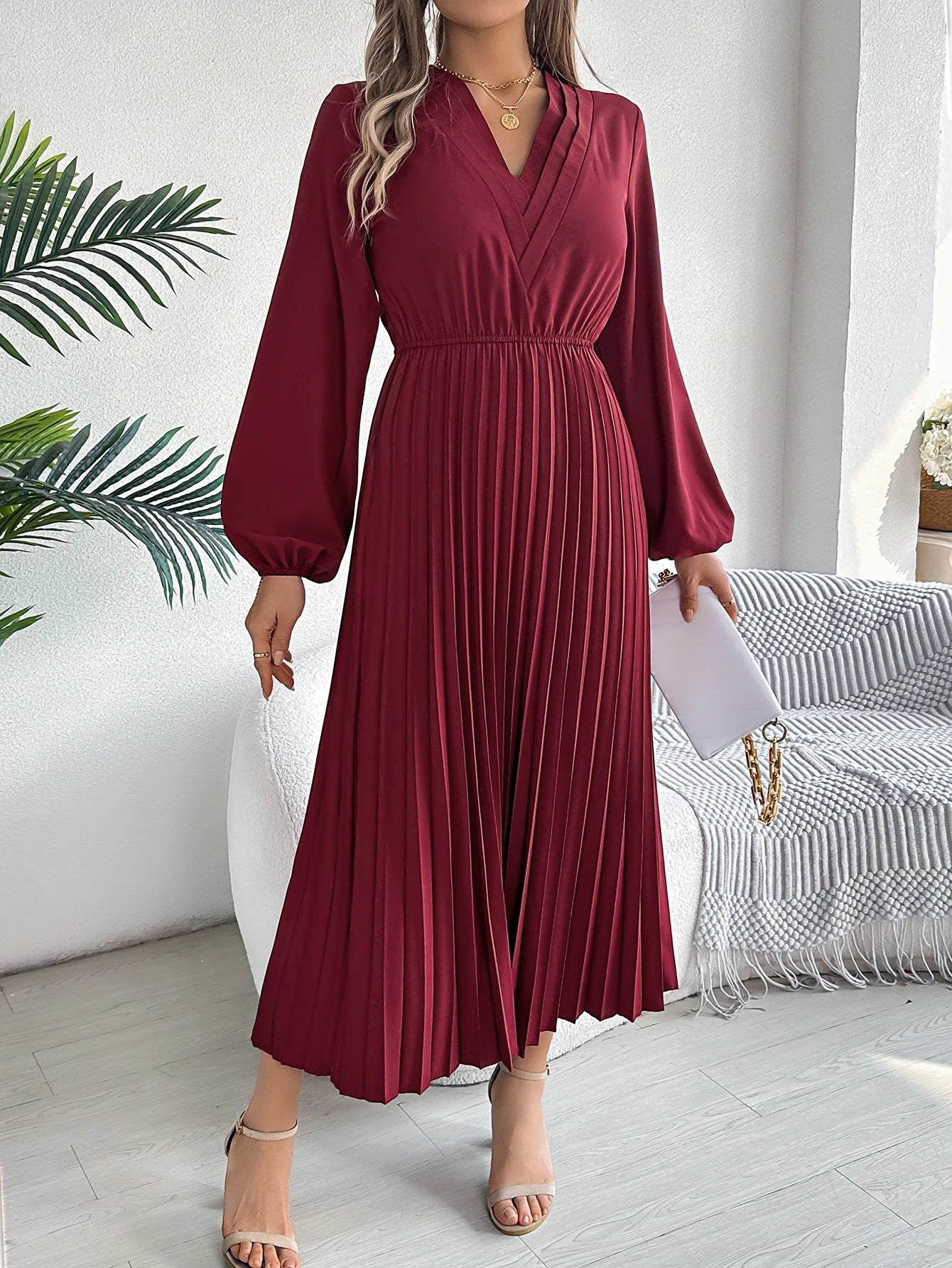 Women's Elegant V-Neck Pleated Maxi Dress - High Waist Autumn Winter Dress | The Tottos