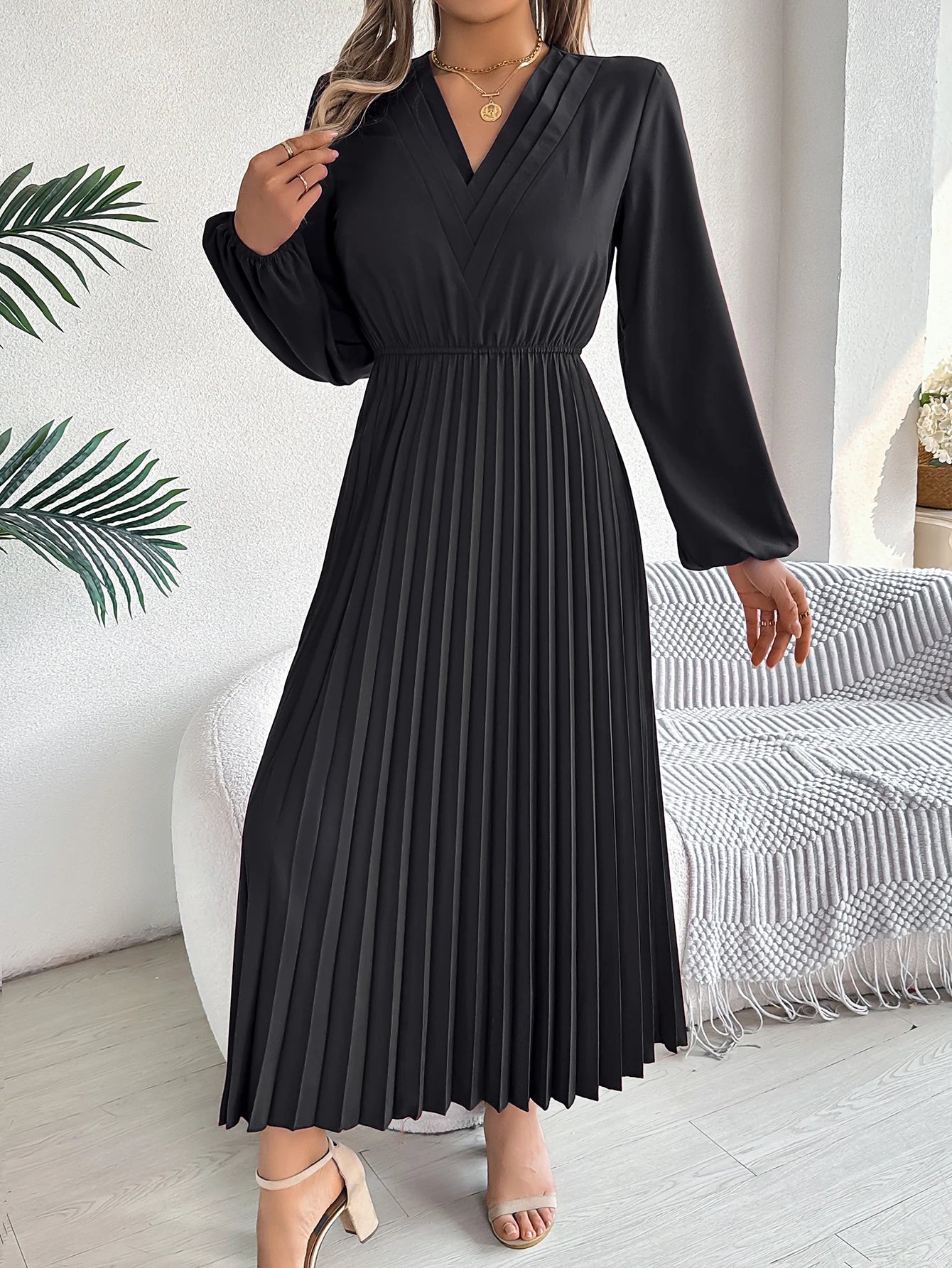 Women's Elegant V-Neck Pleated Maxi Dress - High Waist Autumn Winter Dress | The Tottos