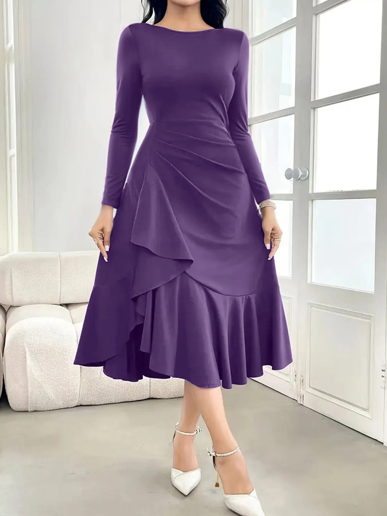Women's Elegant Fishtail Evening Dress - Long Sleeve Round Neck Midi Dress | The Tottos