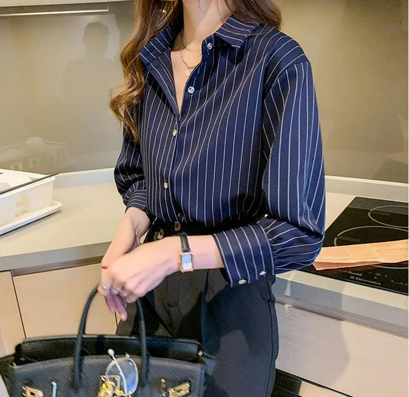 Women's Classic Striped Button-Down Shirt - Long Sleeve Office Blouse
