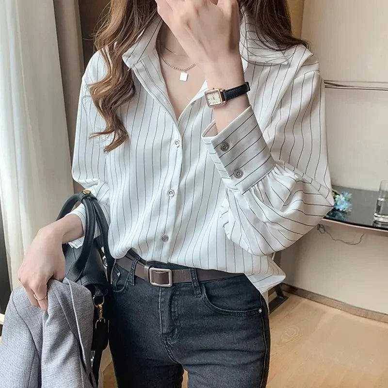 Women's Classic Striped Button-Down Shirt - Long Sleeve Office Blouse
