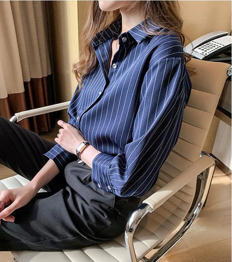 Women's Classic Striped Button-Down Shirt - Long Sleeve Office Blouse