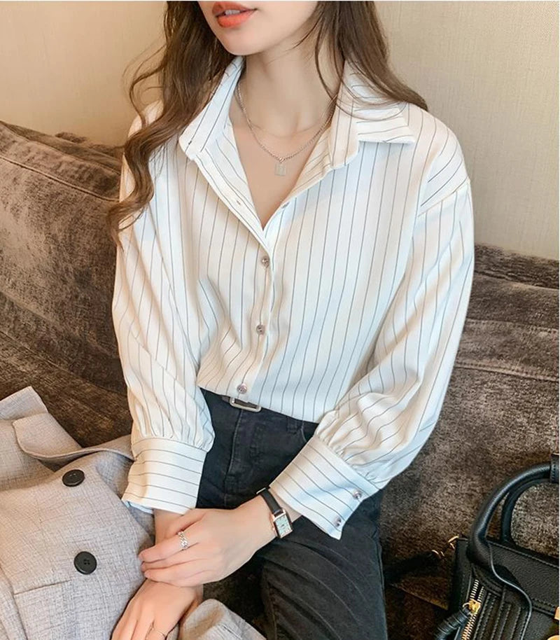 Women's Classic Striped Button-Down Shirt - Long Sleeve Office Blouse