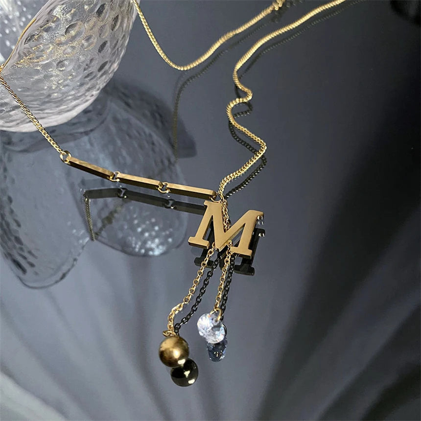 Letter M Zircon Tassel Necklace - Gold Stainless Steel Pendant