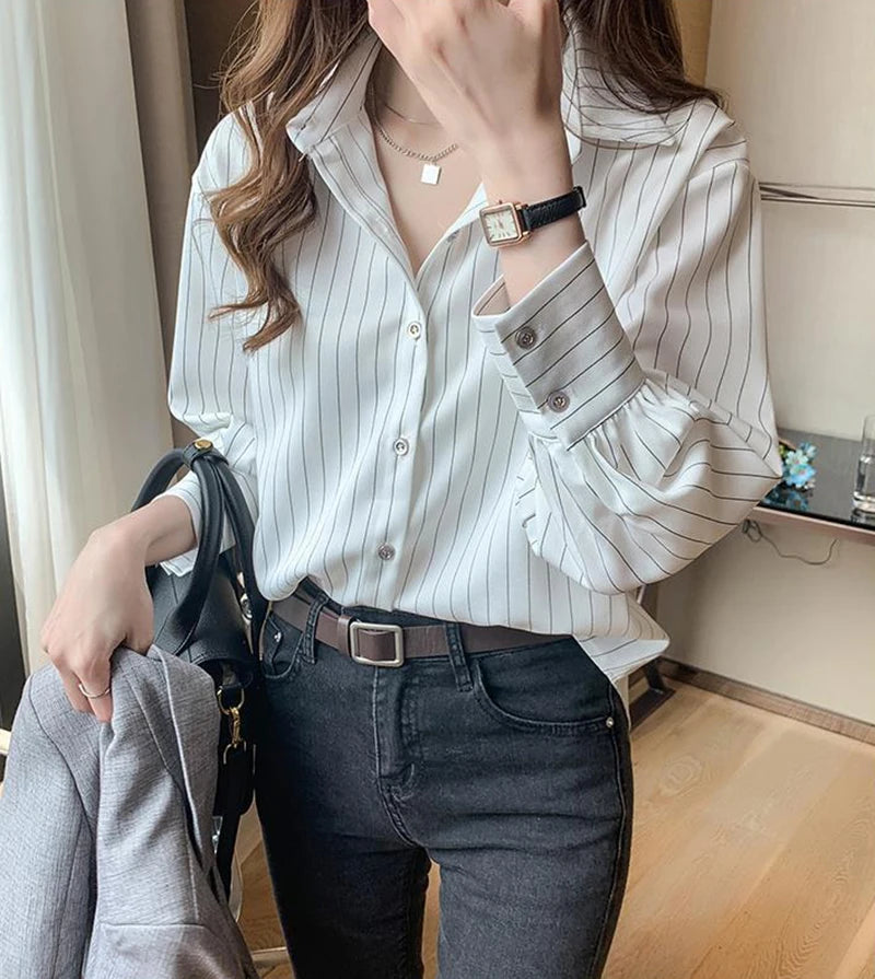 Women's Classic Striped Button-Down Shirt - Long Sleeve Office Blouse