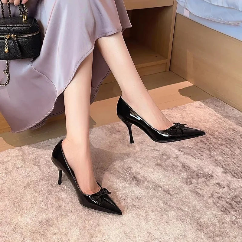 Women's Bow Tie Pointed Toe Heels - The Tottos Patent Leather Stiletto Pumps