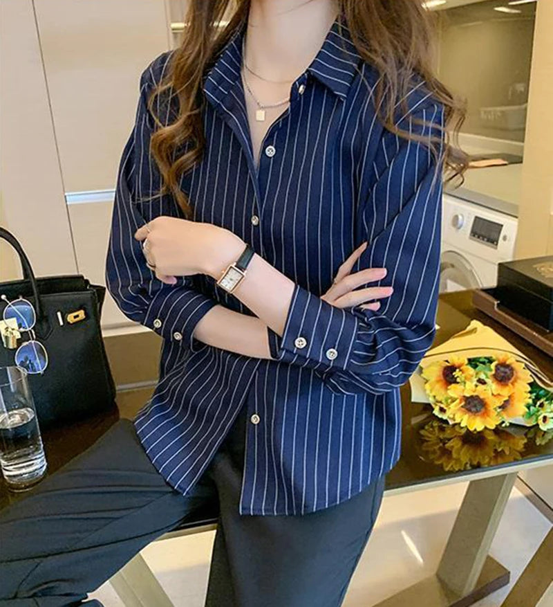 Women's Classic Striped Button-Down Shirt - Long Sleeve Office Blouse