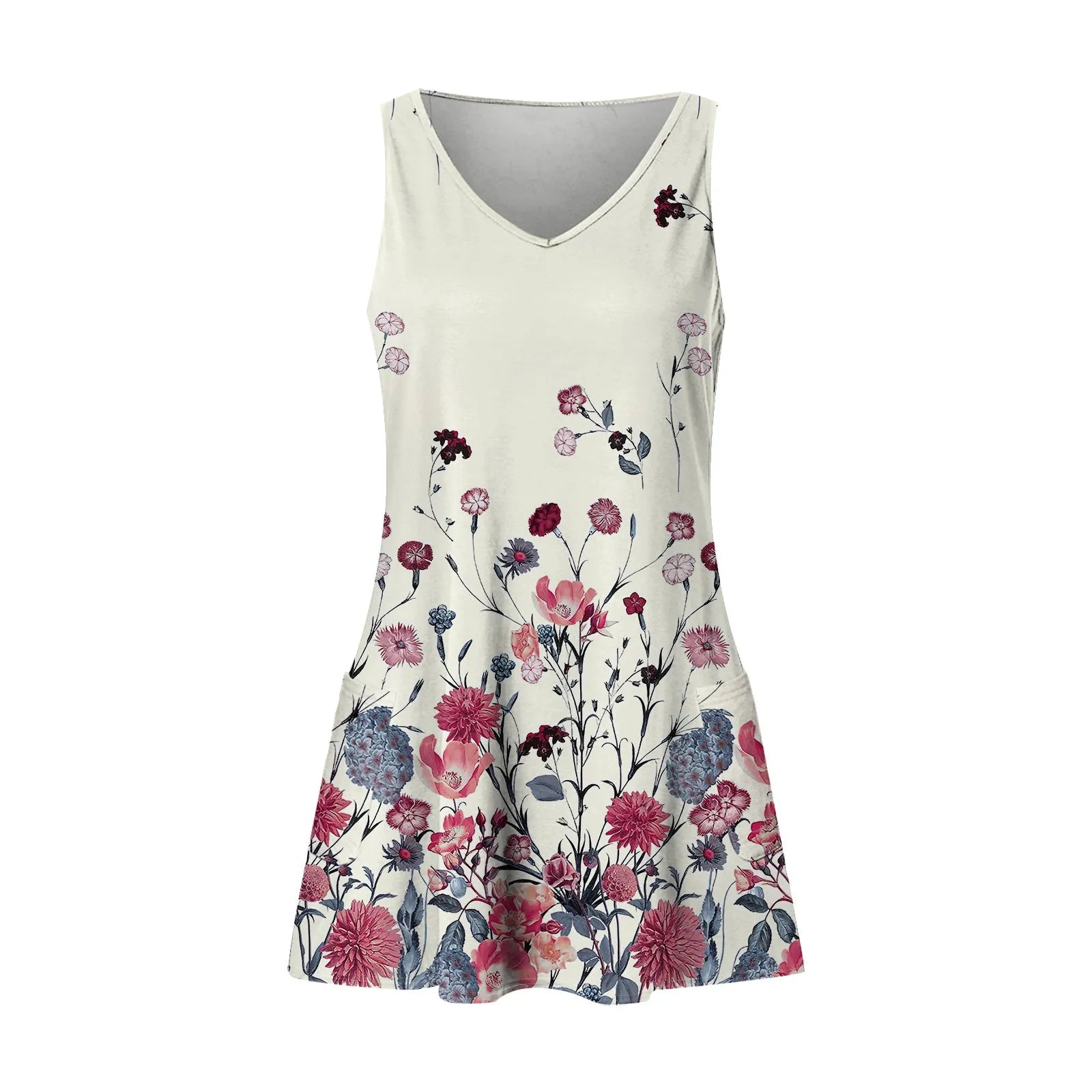 Women's Bohemian Floral Print Maxi Dress - V-Neck Sleeveless Summer Beach Dress with Pockets | The Tottos