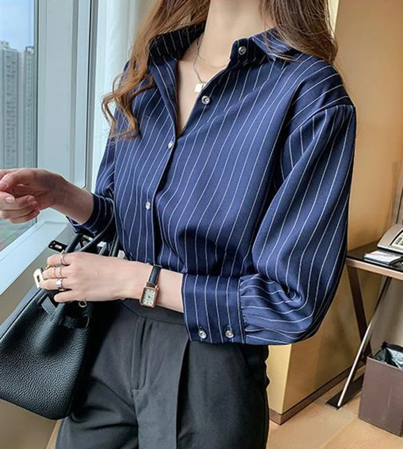 Women's Classic Striped Button-Down Shirt - Long Sleeve Office Blouse