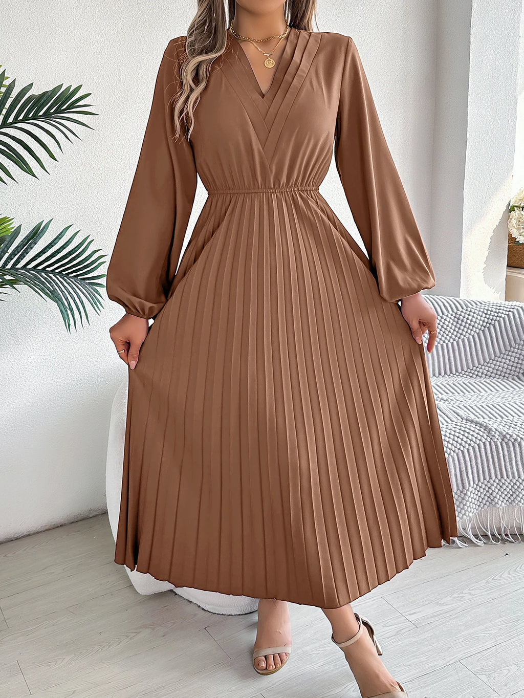 Women's Elegant V-Neck Pleated Maxi Dress - High Waist Autumn Winter Dress | The Tottos