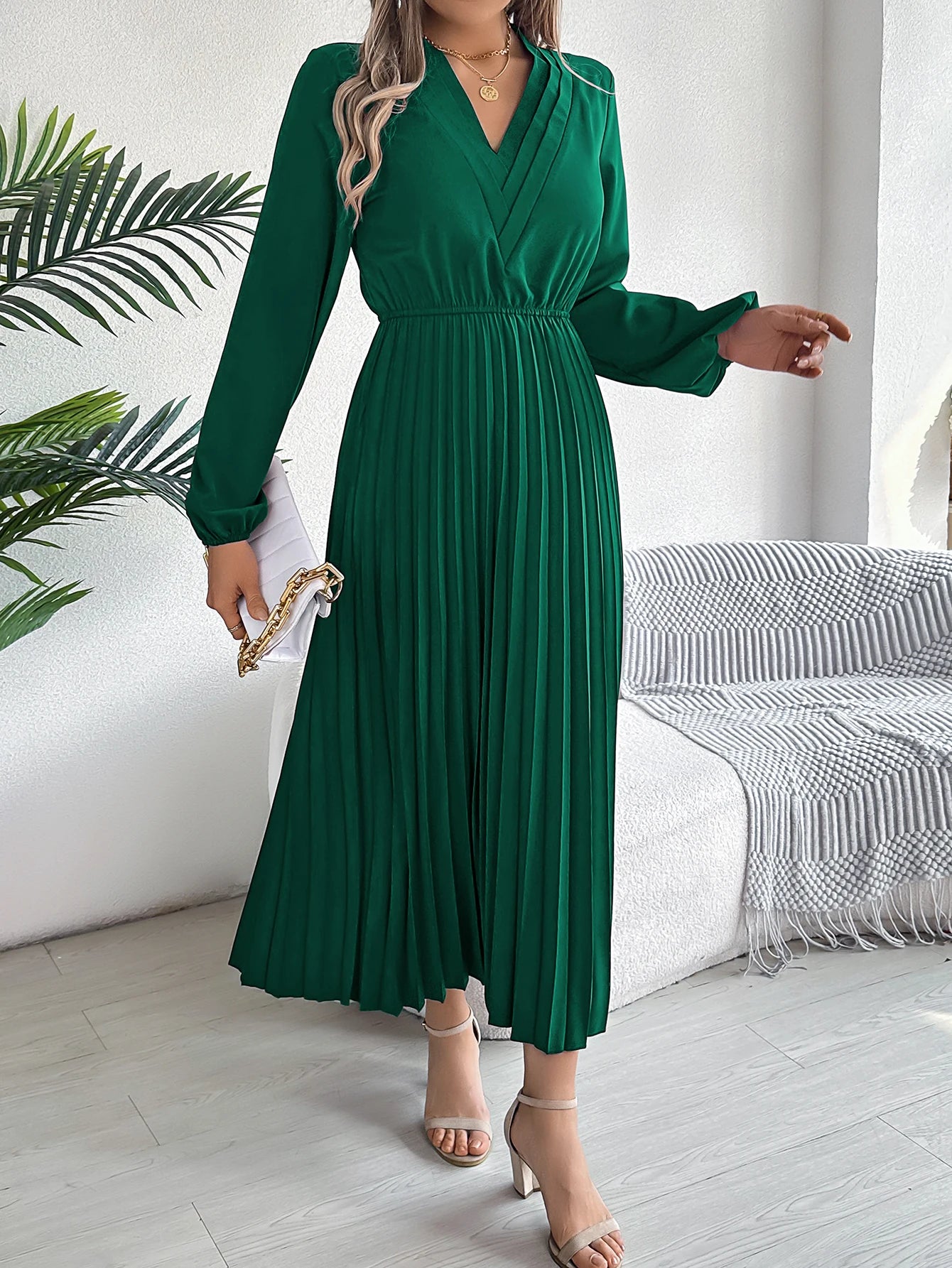 Women's Elegant V-Neck Pleated Maxi Dress - High Waist Autumn Winter Dress | The Tottos