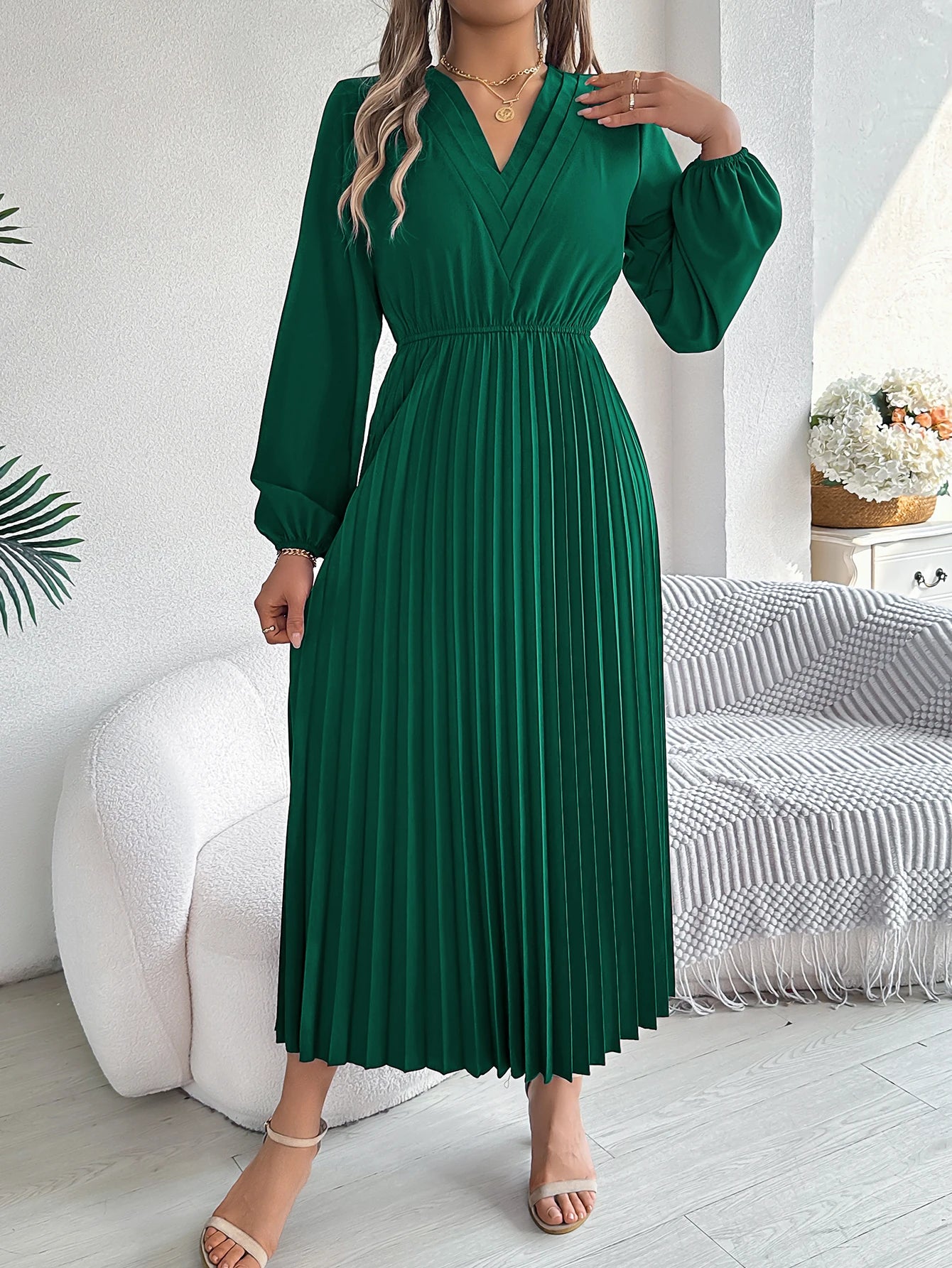 Women's Elegant V-Neck Pleated Maxi Dress - High Waist Autumn Winter Dress | The Tottos