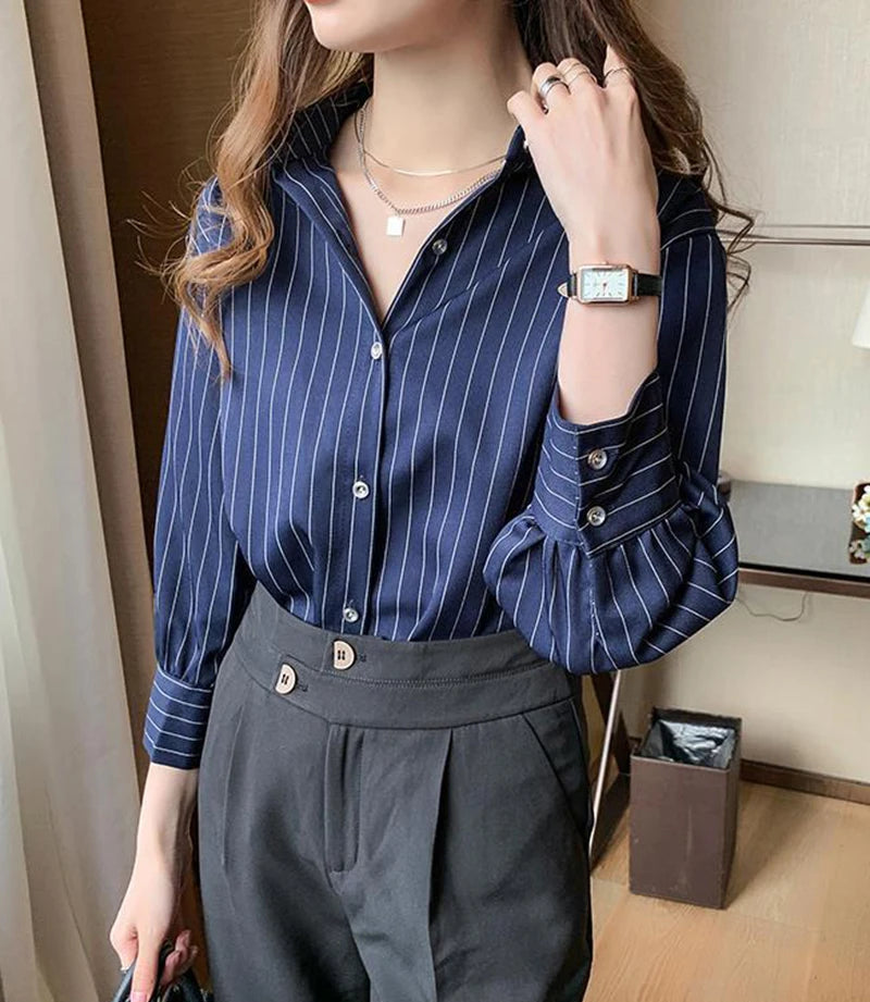 Women's Classic Striped Button-Down Shirt - Long Sleeve Office Blouse