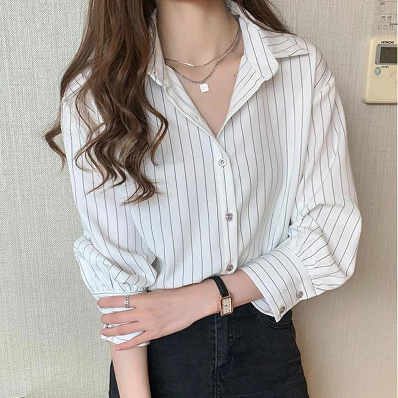 Women's Classic Striped Button-Down Shirt - Long Sleeve Office Blouse