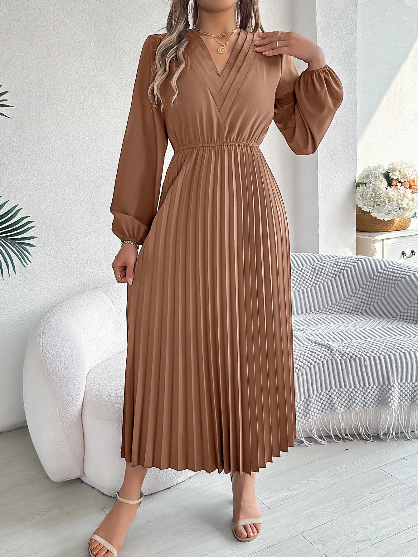 Women's Elegant V-Neck Pleated Maxi Dress - High Waist Autumn Winter Dress | The Tottos